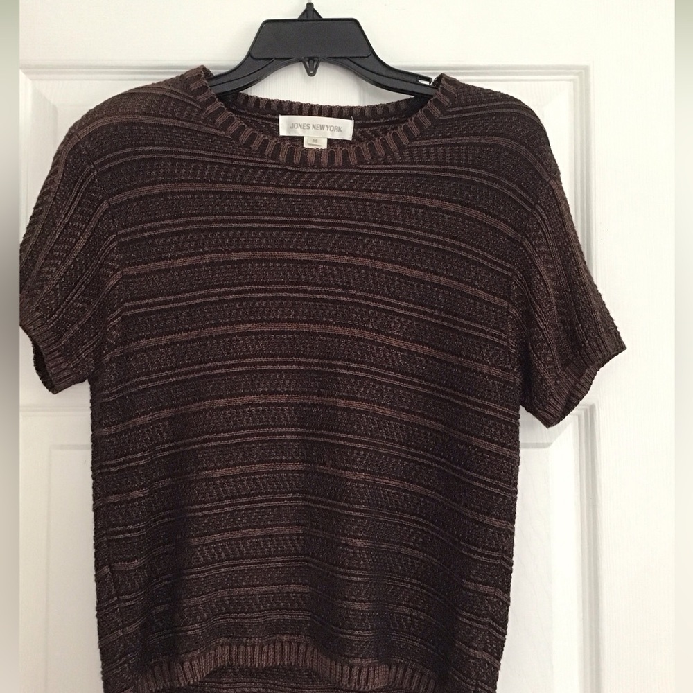 Jones New York Sweater M Short Sleeve Brown With Shoulder Pads